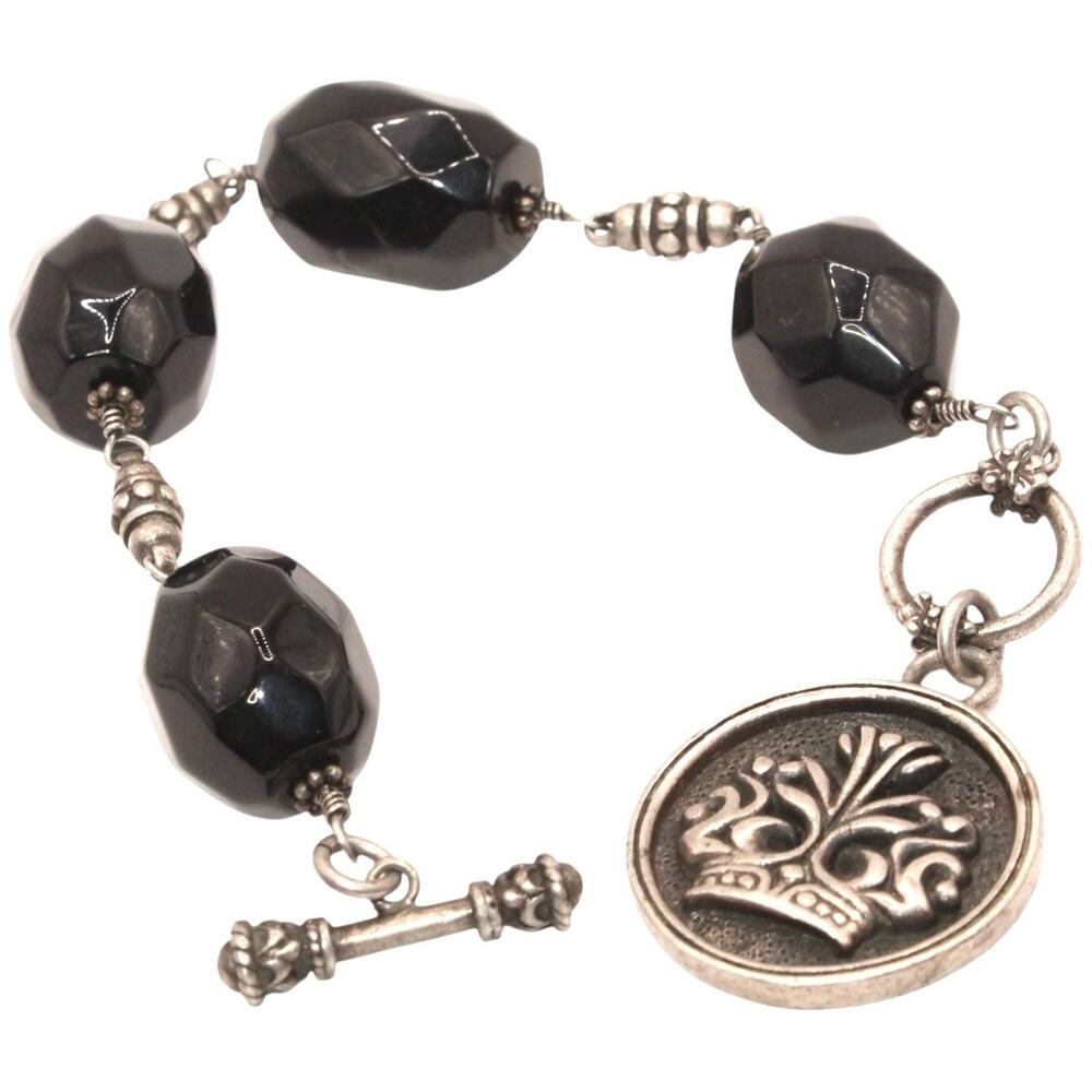 925 Sterling DESIGNER Smokey Topaz Gemstone Crown Charm Link Bracelet EXEX 9”